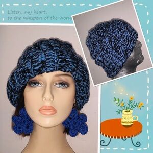 Crochet handmade fold brim hat adult unisex  shades of blue